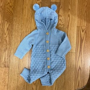 Baby Boy Sweater Romper Knitted Overall Hooded Jumpsuit with pom poms 3-6 months